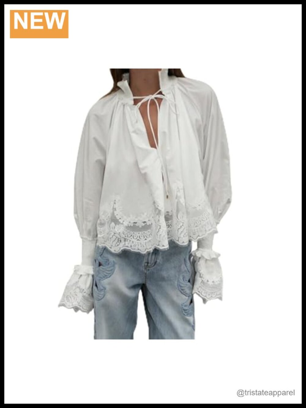 Women's Long Sleeve Lace-Trim Blouse Top Polyester Lightweight